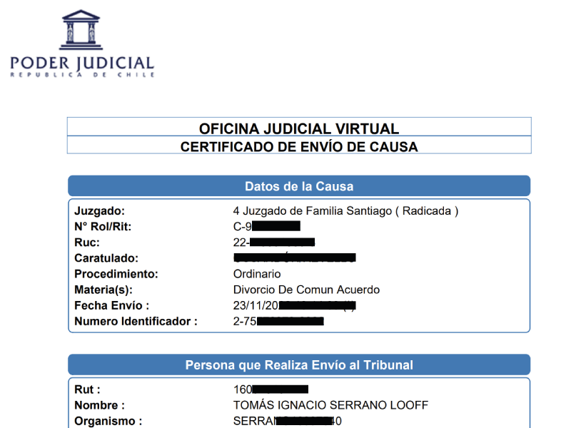 Certificado de envio de divorcio